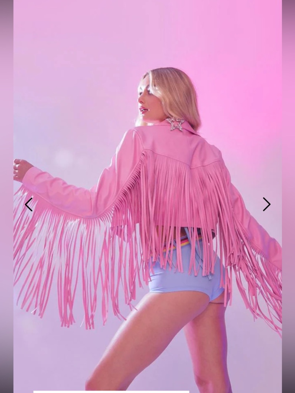 Dolls Kill Pink Cropped Fringe Faux Leather Moto Jacket - Picture 9 of 9